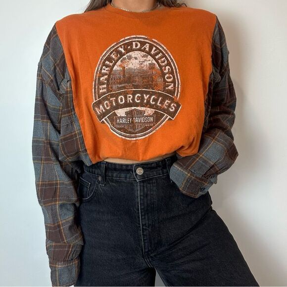 Reworked Upcycled Harley-Davidson Long Sleeve Plaid Flannel Loose Fit Shirt Top - Picture 2 of 4